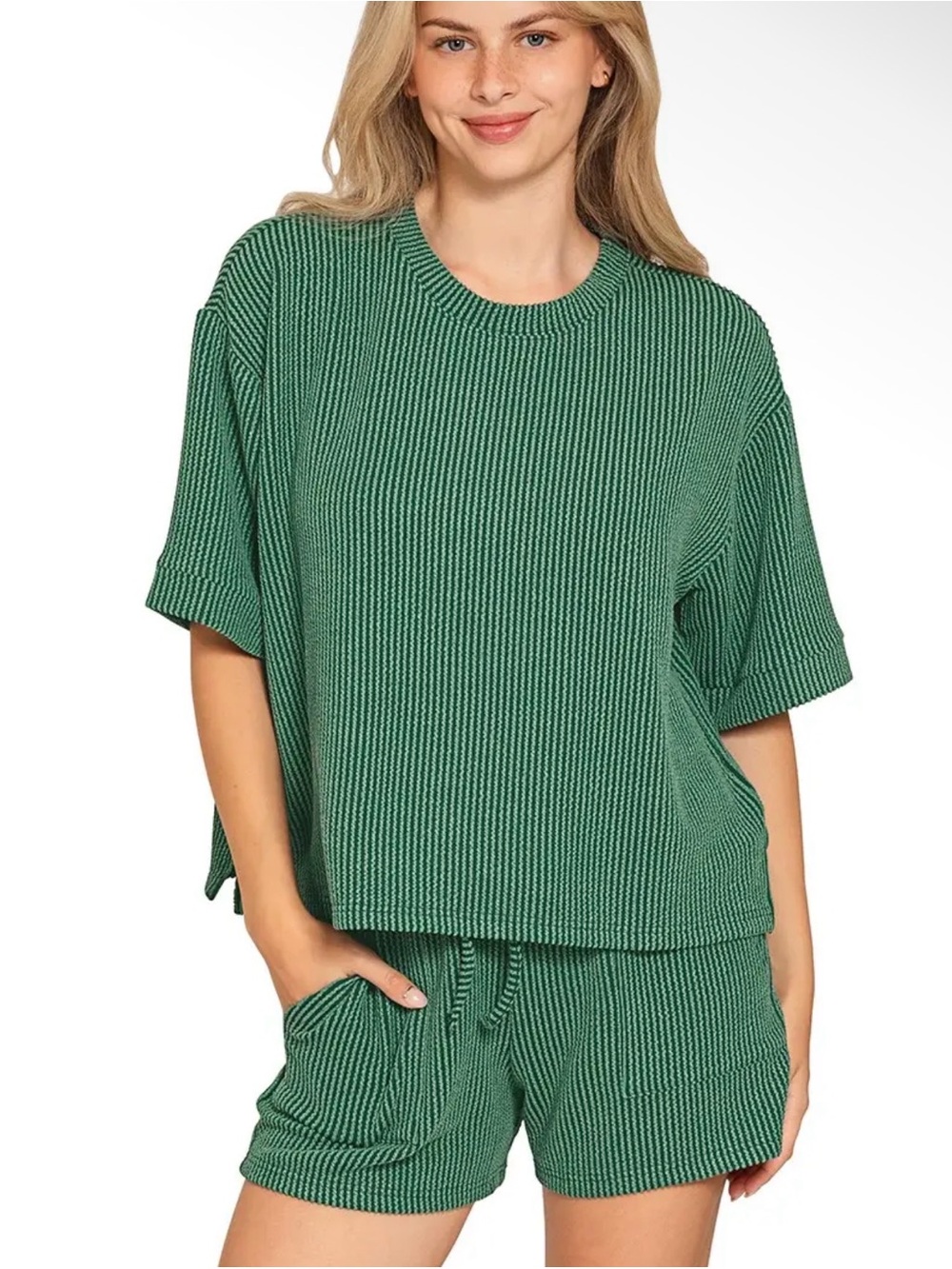 Zenana Outfitters Green Ribbed Boxy Short-Sleeve Top